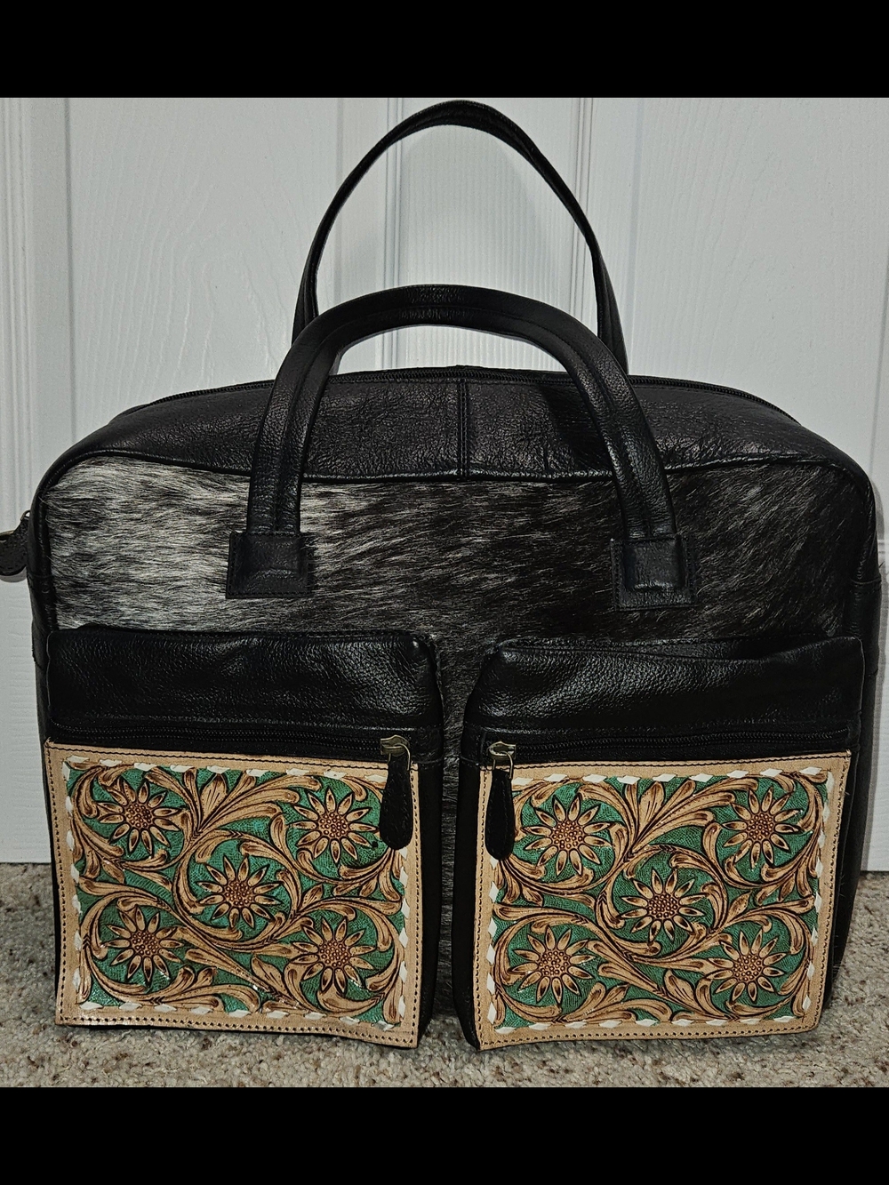 Myra Style Western Cowhide Tote Turquoise Sunflower Tooled Leather Briefcase